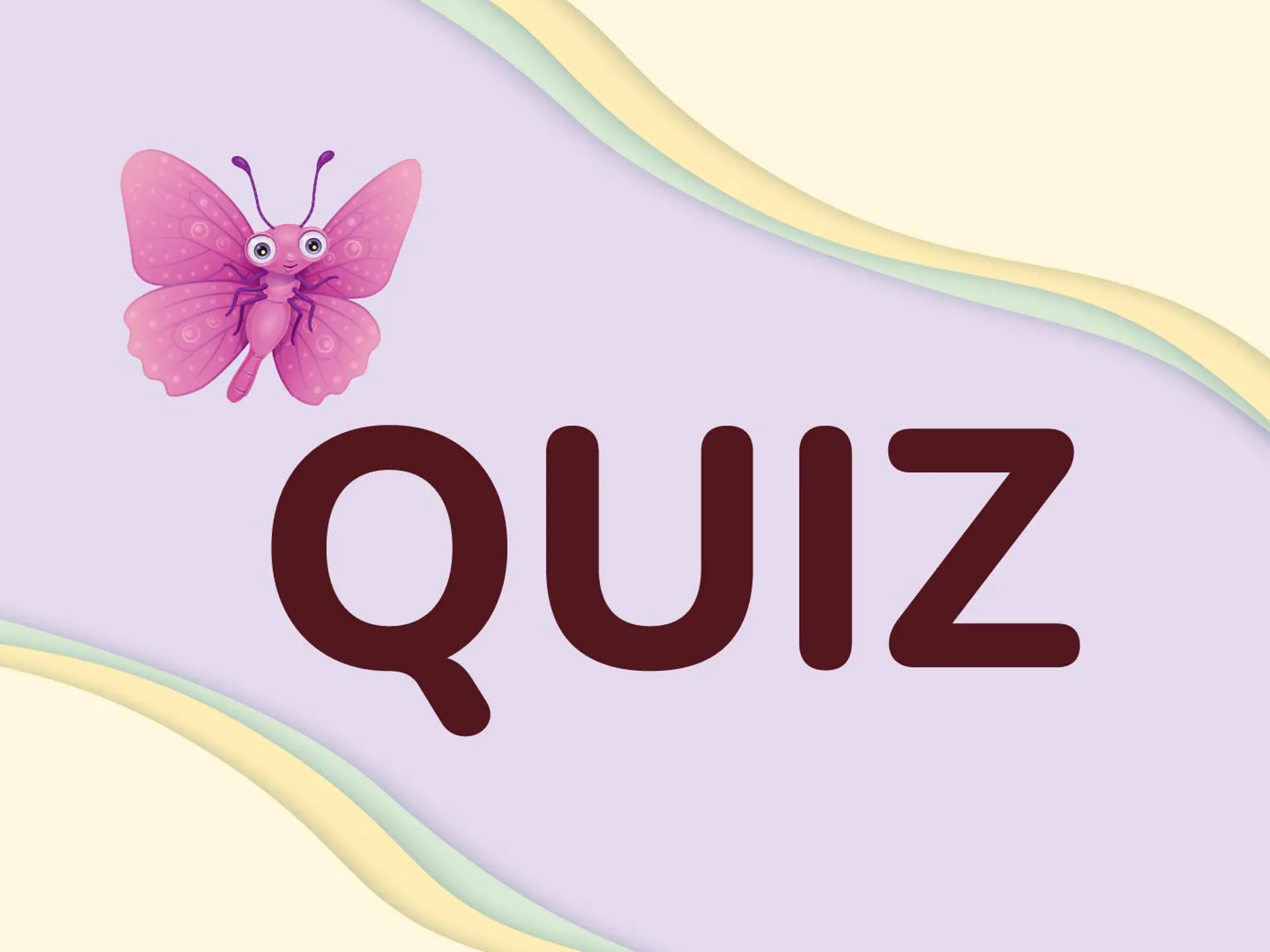Fjärilen bredvid ordet quiz med lila bakgrund.