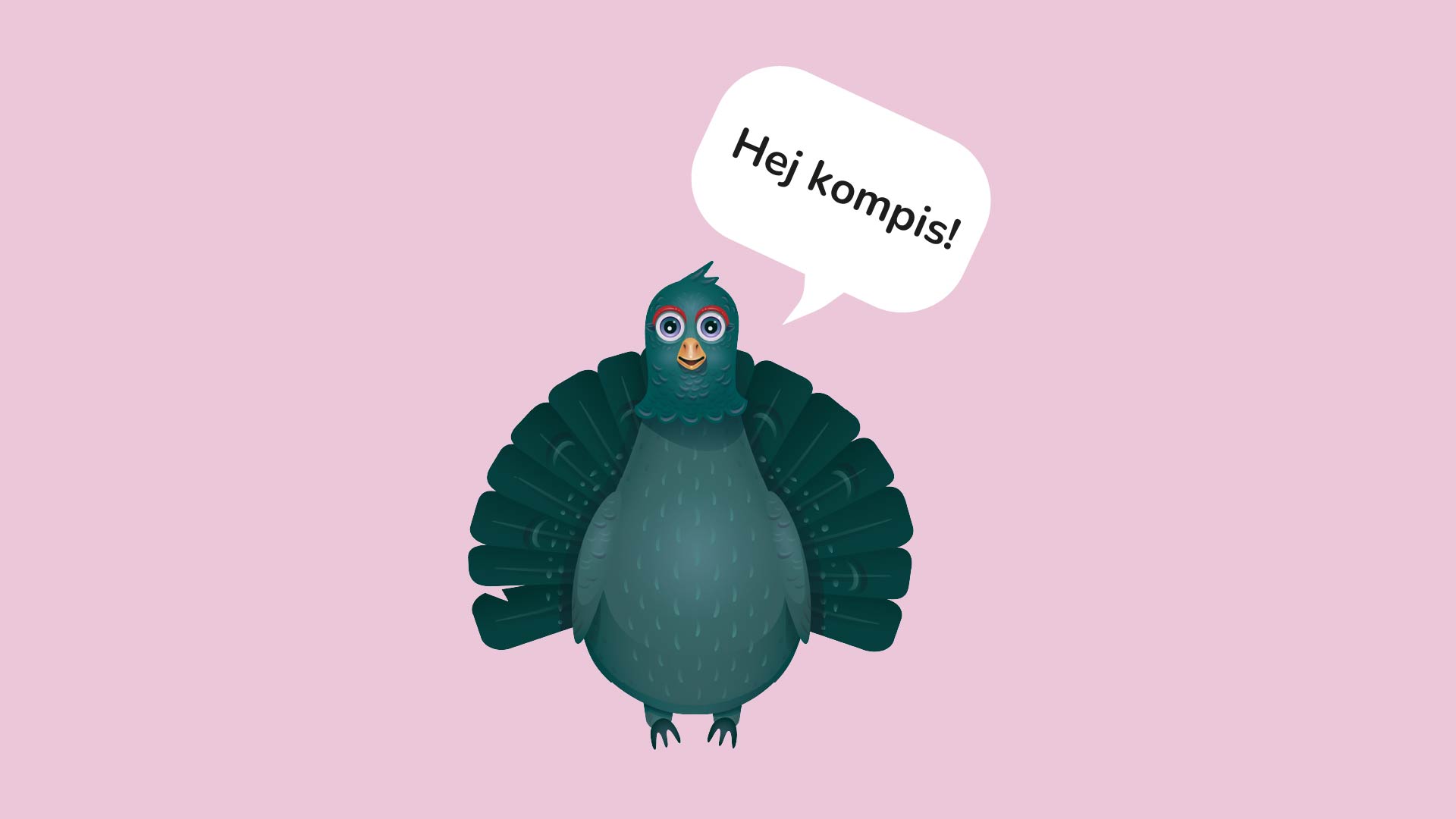 En pratbubbla med texten "Hej kompis!" och tjädern bredvid.