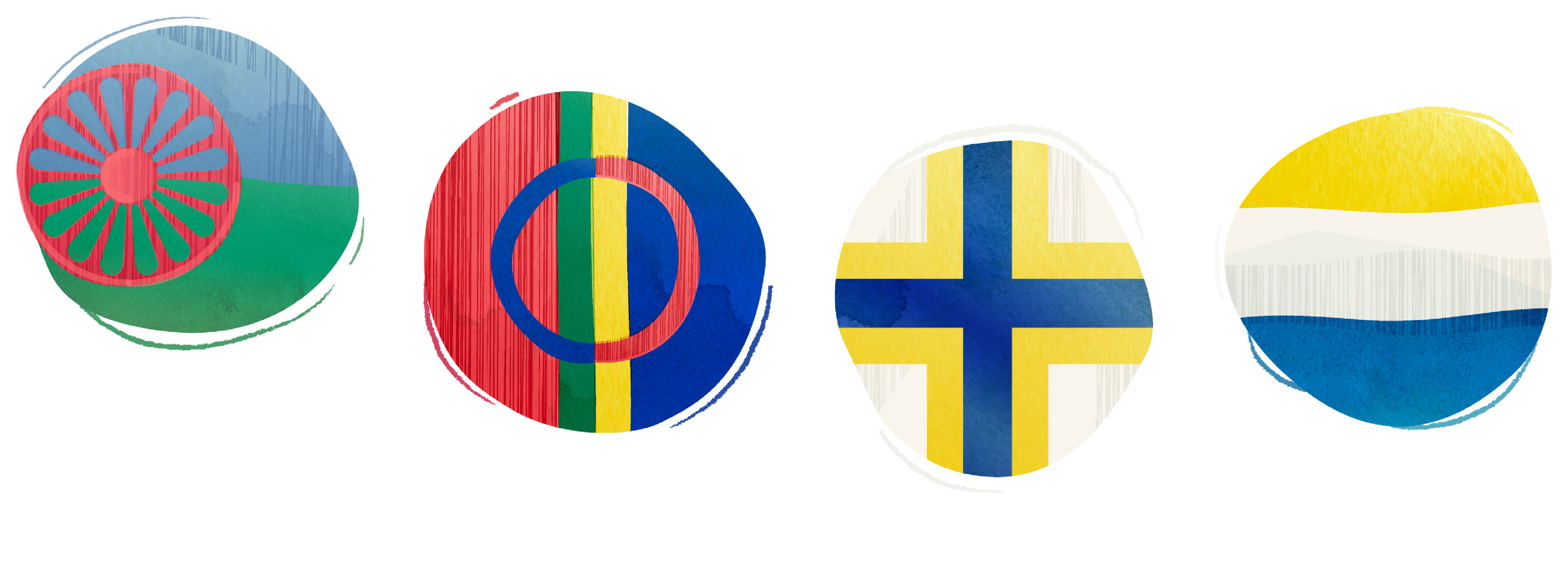 Bild med ovala bollar som består av fyra olika flaggor som representerar minoritetsspråk.