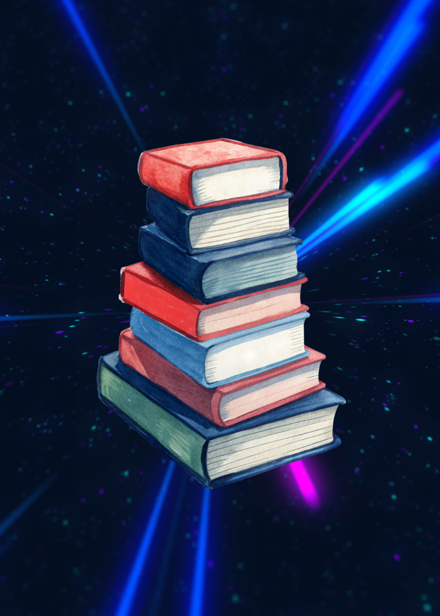 En hög med böcker i rymden.