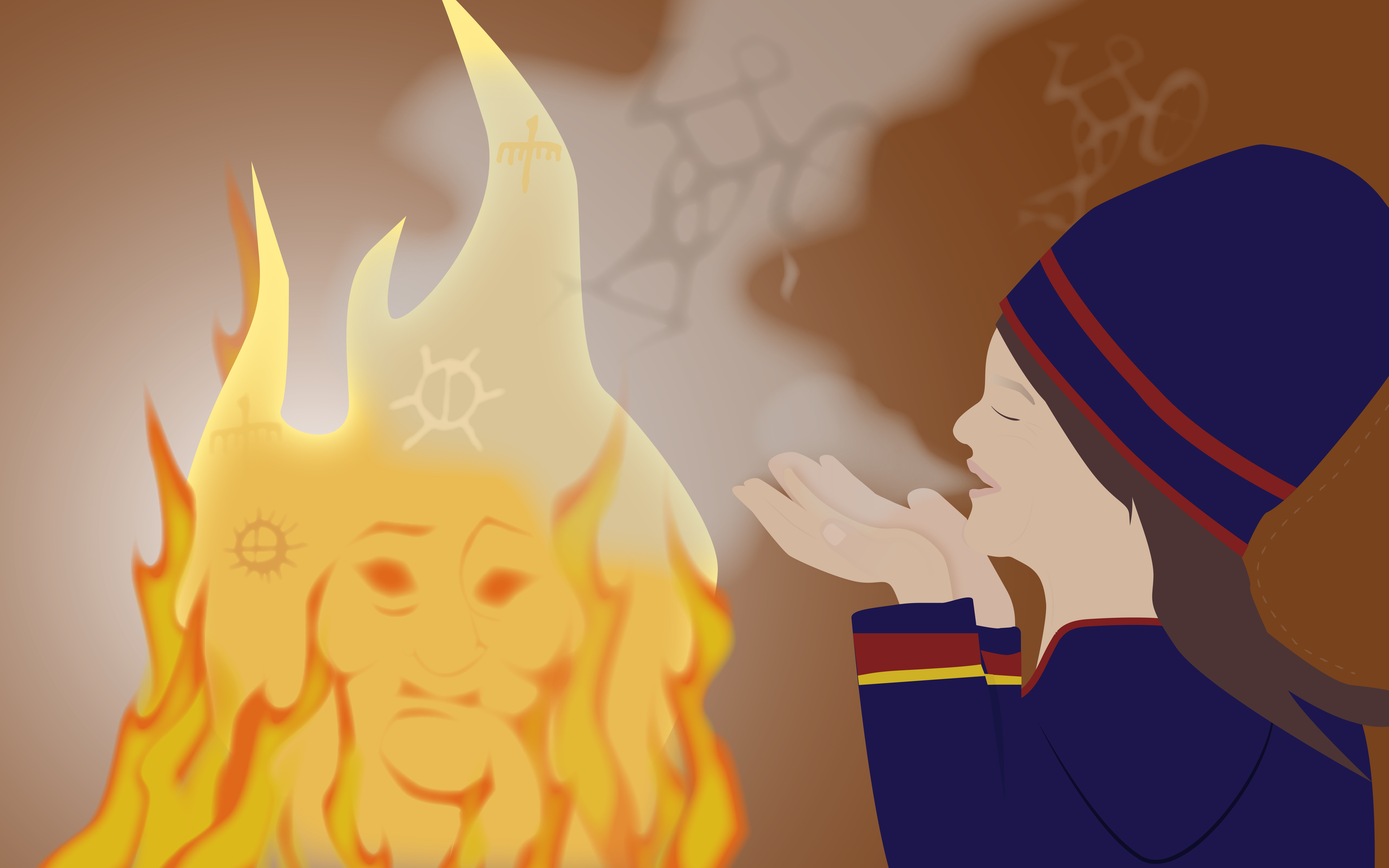 En eld med ansikte och en kvinna som blåser rök mot elden.