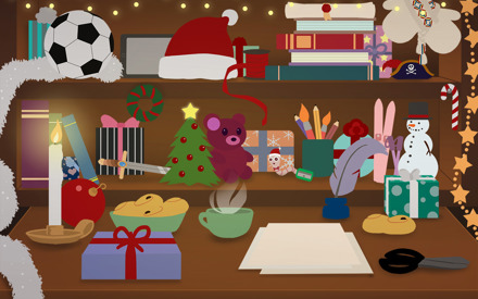 En hylla med massor av prylar och dolda julklappar.