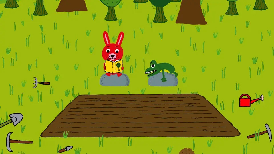 Haren Håkan och grodan Berit framför ett tomt odlingsfält.