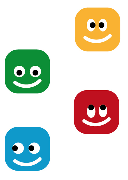 Fyrkanter med ögon i färgerna gul, grön, röd och blå.