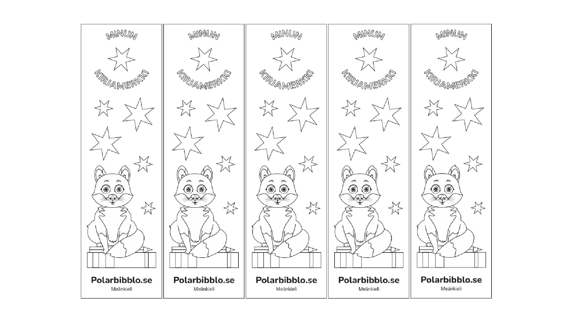 Bokmärke för utskrift och färgläggning med räv och stjärnor med texten mitt bokmärke på meänkieli.