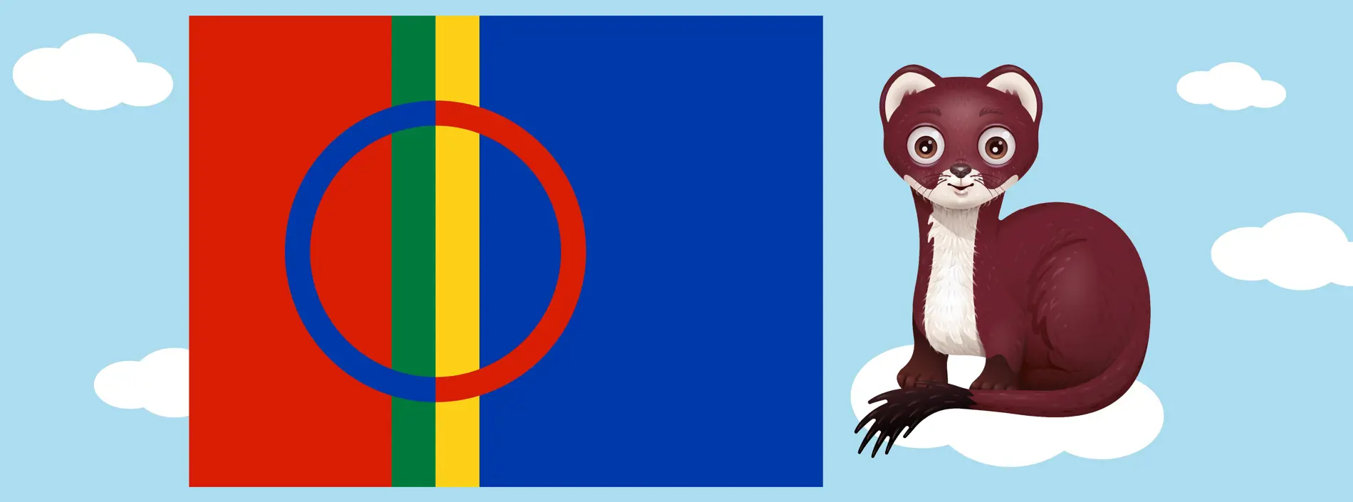 Hermelinen som sitter på ett moln och bredvid är den samiska flaggan.