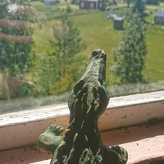 Krokodilen tittar ut genom ett fönster.