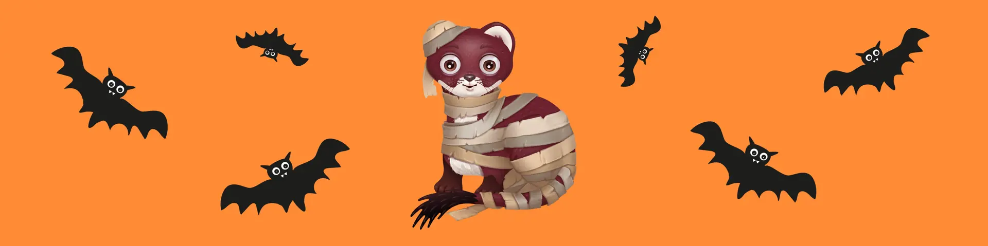 Hermelinen med halloween kläder och fladdermöss som flyger runt om.