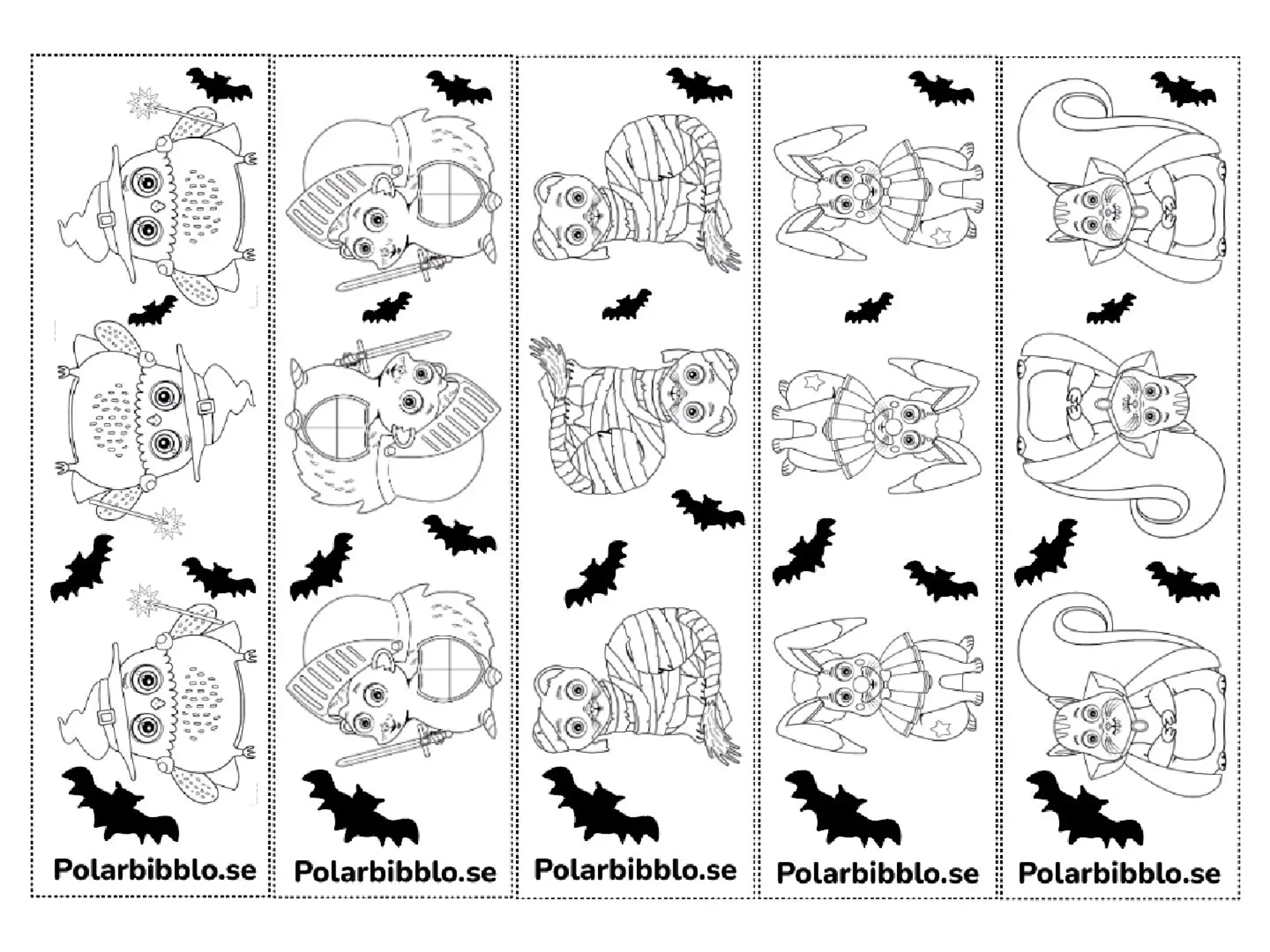Bokmärken språkdjuren med halloweenkläder.