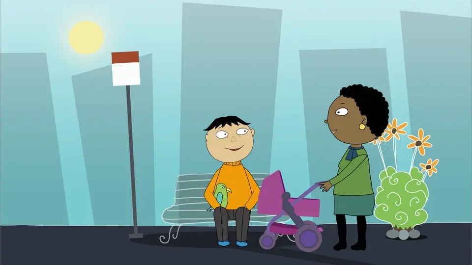 Två människor som pratar vid en busshållplats.