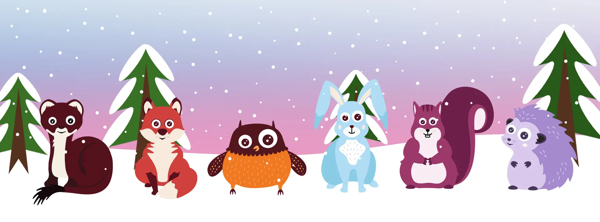 Hermelinen, räven, Polarugglan, haren och ekorren i ett snölandskap.