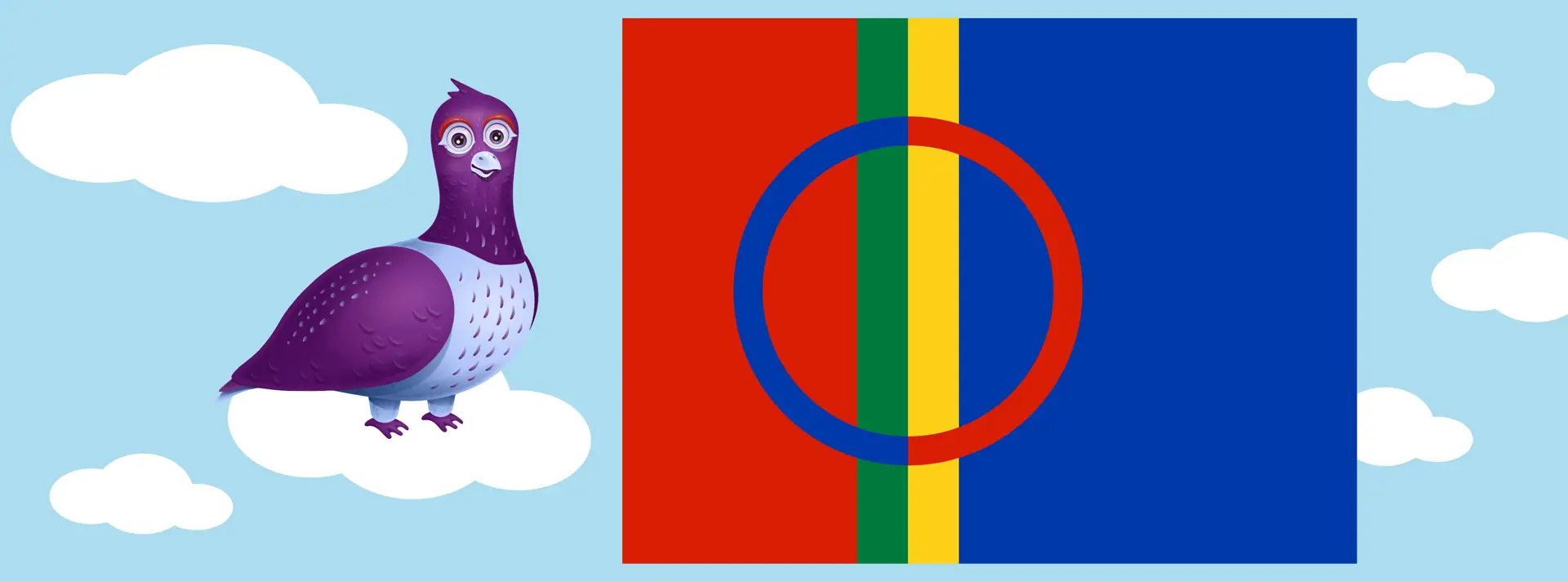 En ripa som står på ett moln och bredvid är den samiska flaggan.