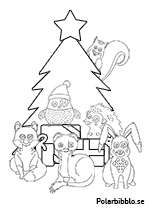 Fem Polarugglor vid en julgran med julklappar