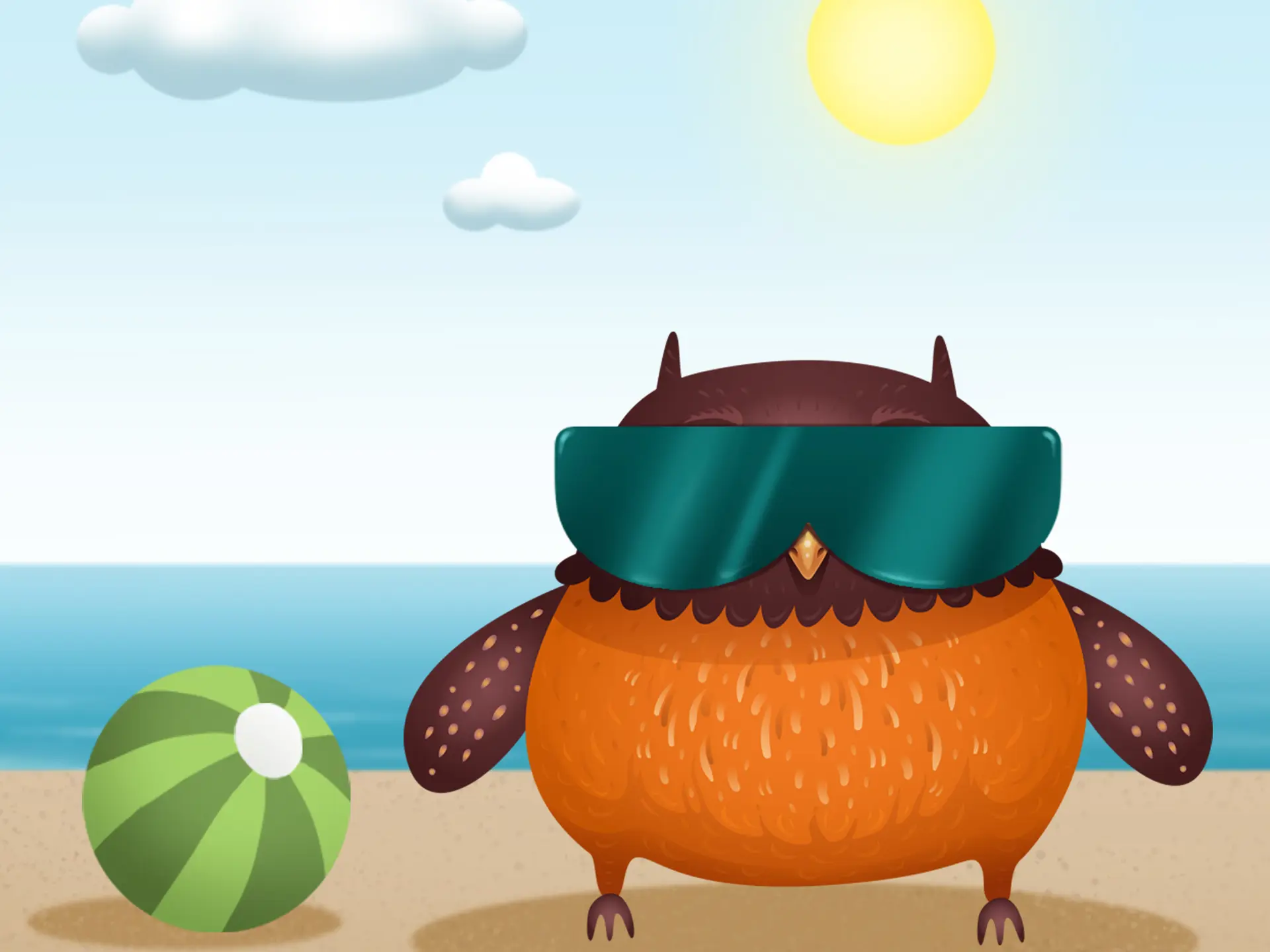 Ugglan med solglasögon på en strand.