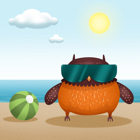 Ugglan med solglasögon på en strand.