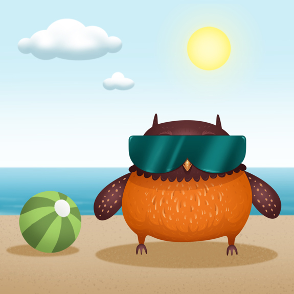 Ugglan med solglasögon på en strand.