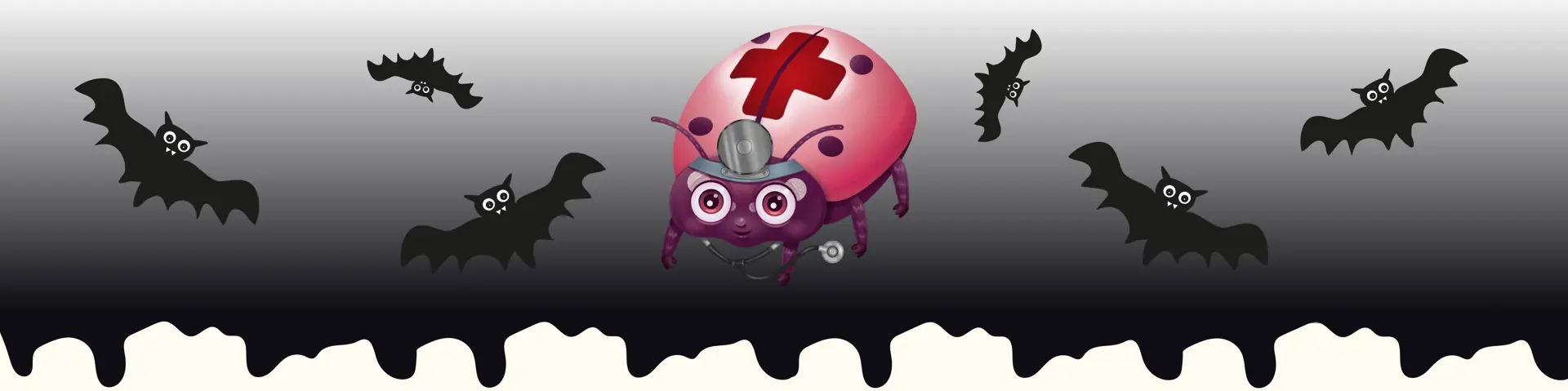 Nyckelpigan i halloween kläder med fladdermöss som flyger runt om.