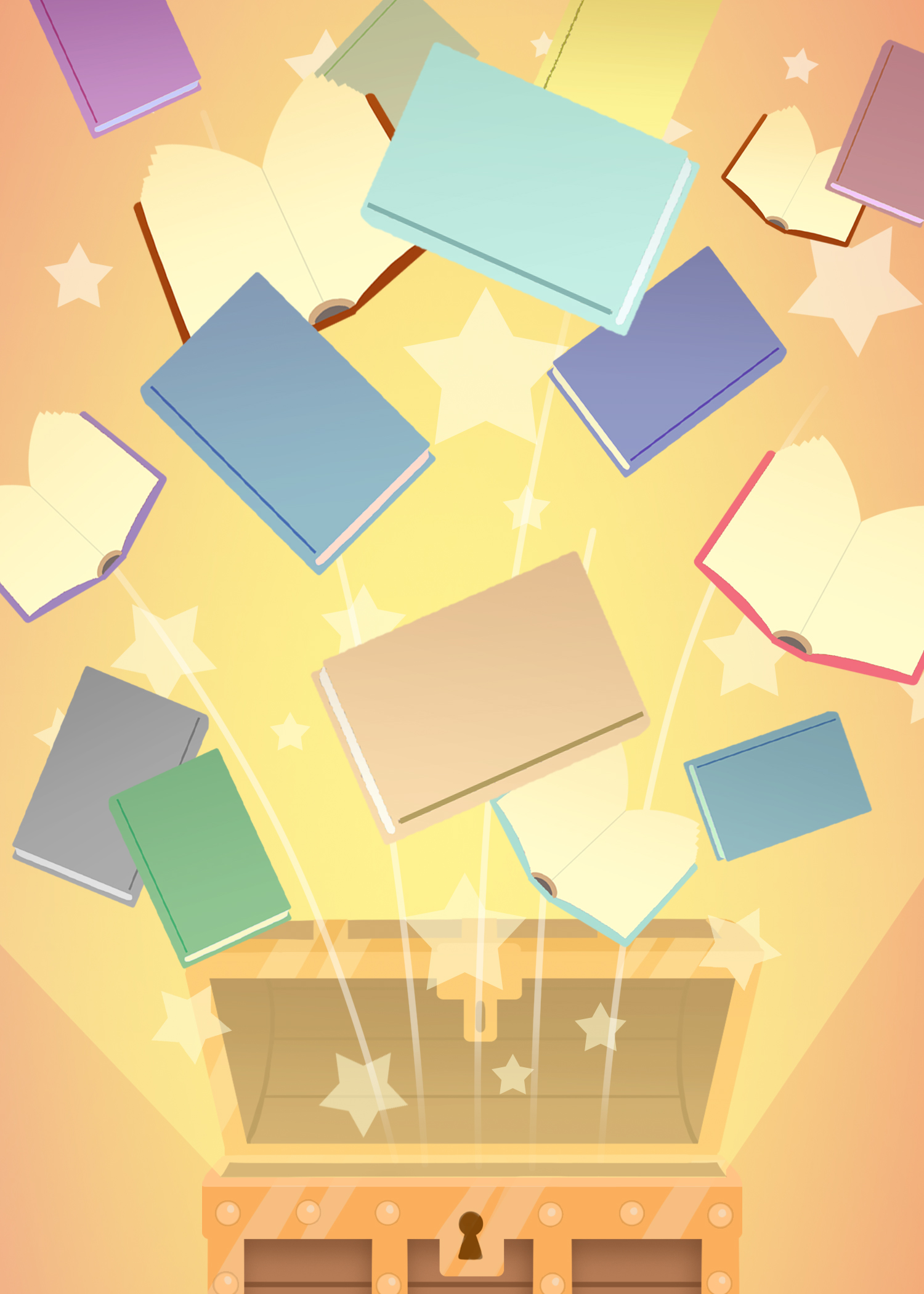 Böcker som exploderar ur en skattkista.