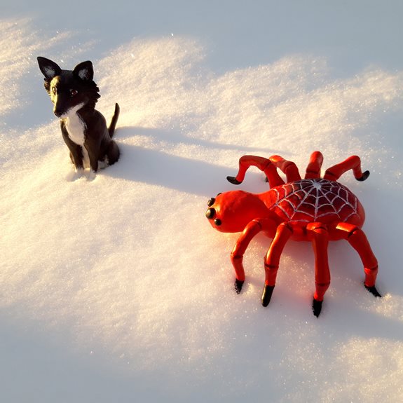 Hunden och spindeln tillsammans i snön.