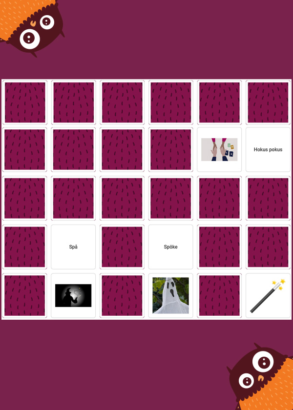 Memory brickor och två ugglor som kollar fram från varsitt hörn.