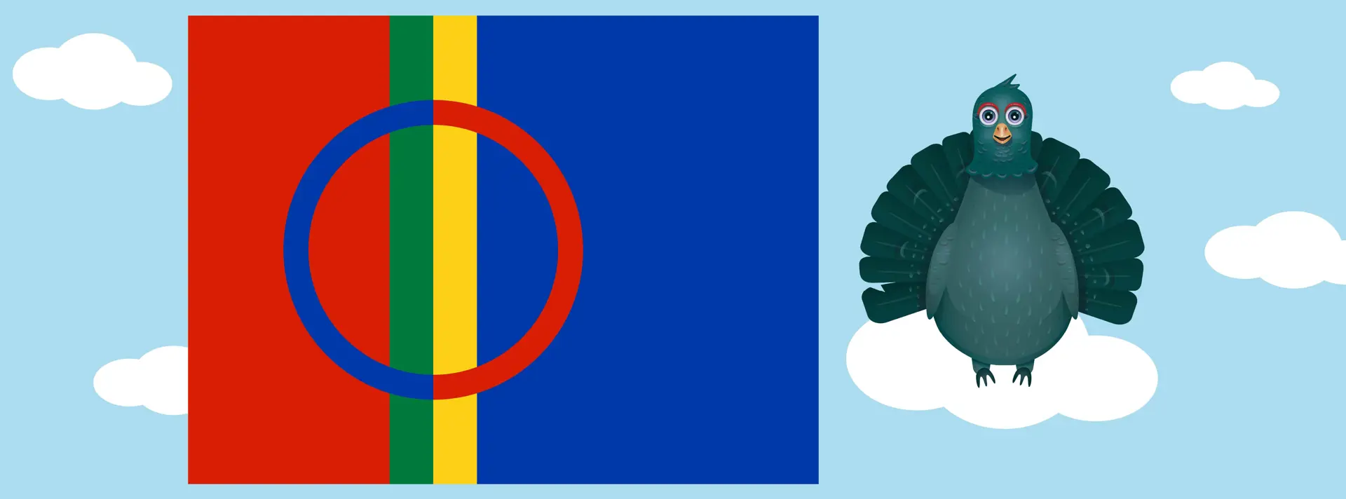 Tjädern som står på ett moln och bredvid är den samiska flaggan.