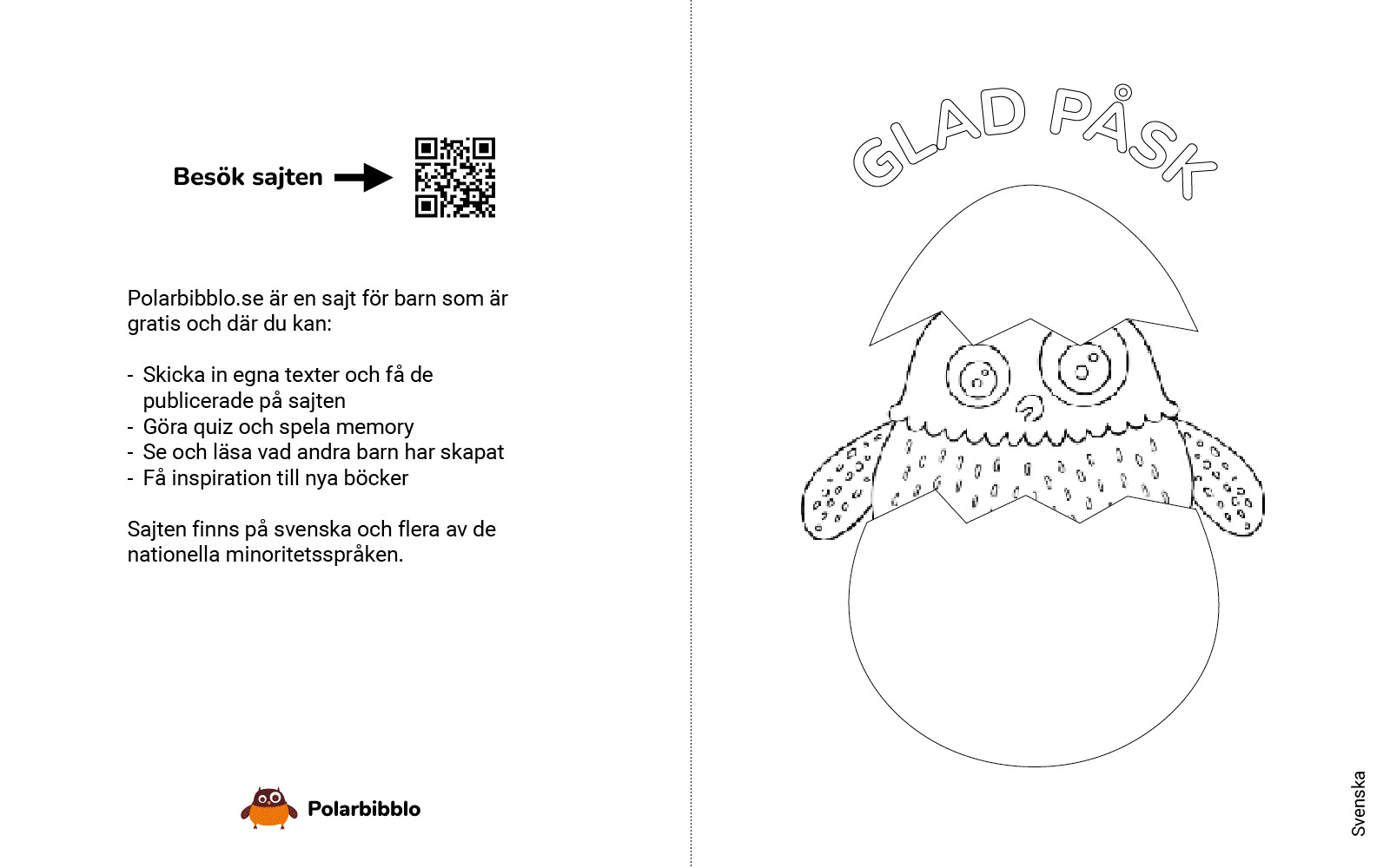 Färgläggningskort med ugglan som sitter i ett ägg. Texten glad påsk på svenska står ovanför ägget.