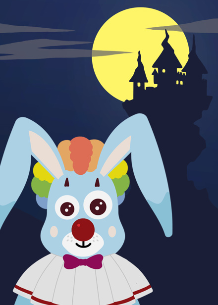 Haren utklädd till en clown framför ett kusligt slott.