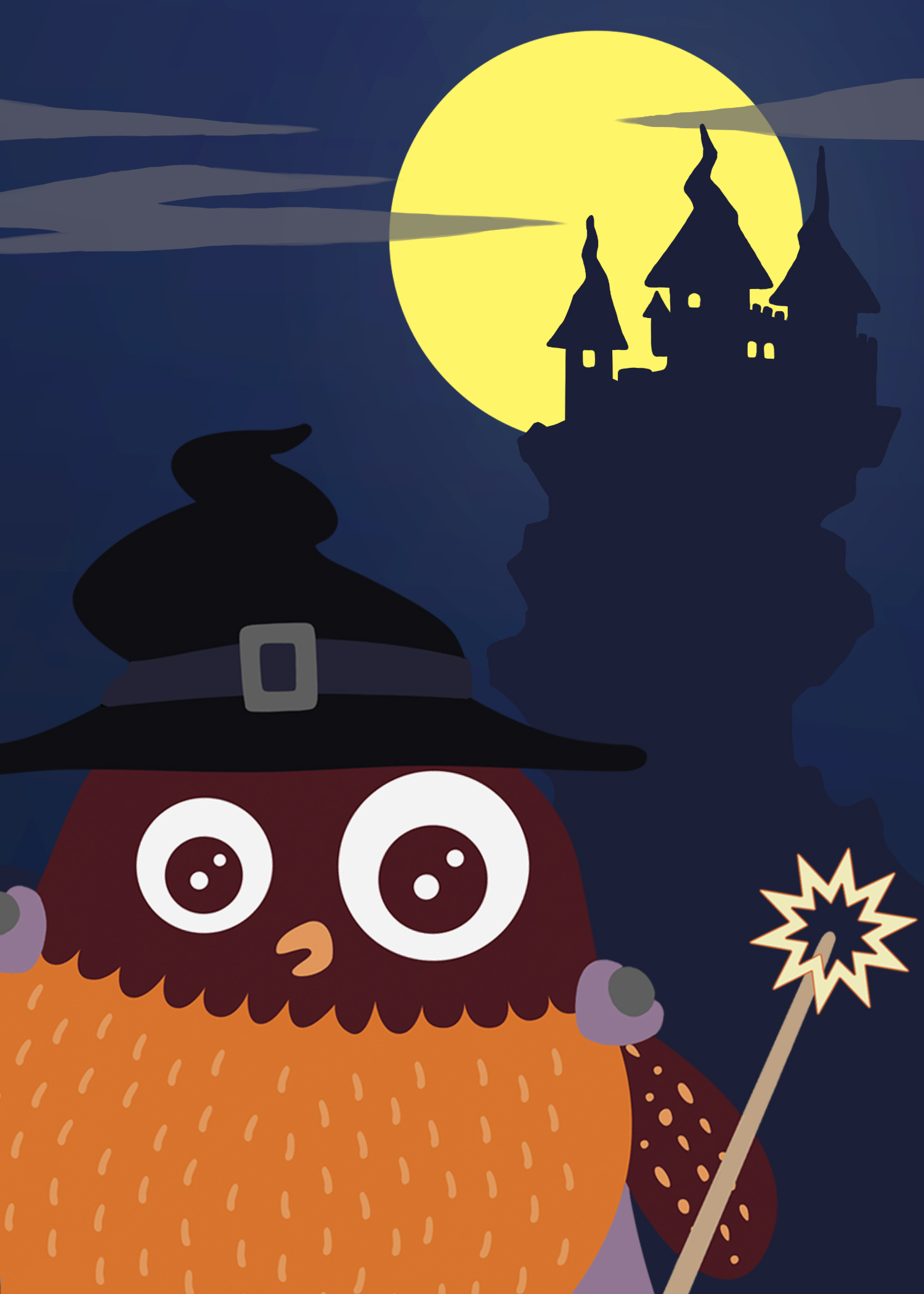 Polarugglan utklädd till magiker framför ett kusligt slott.