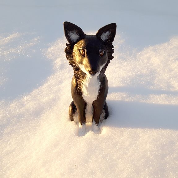 Hunden sitter i snö.