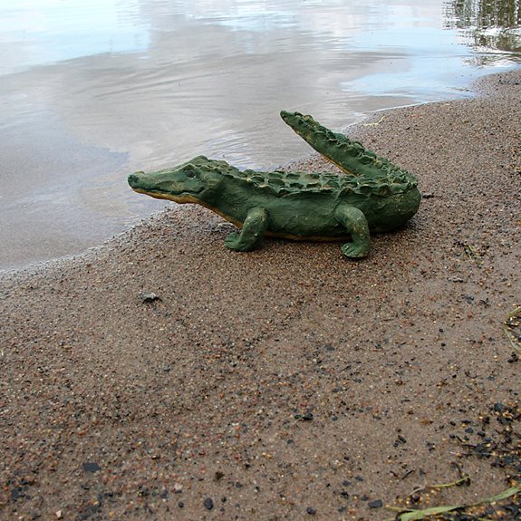 Krokodilen står på stranden.