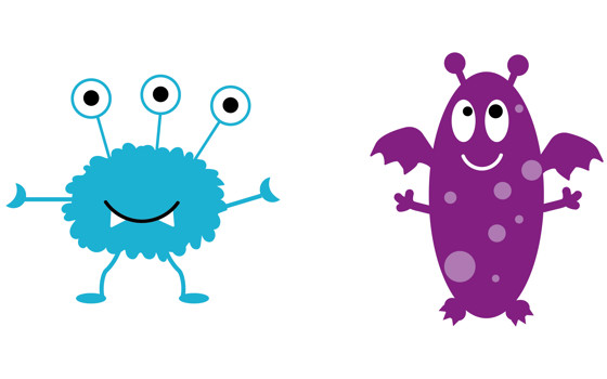 Tre olika monster i färgerna grönt, blått och lila.