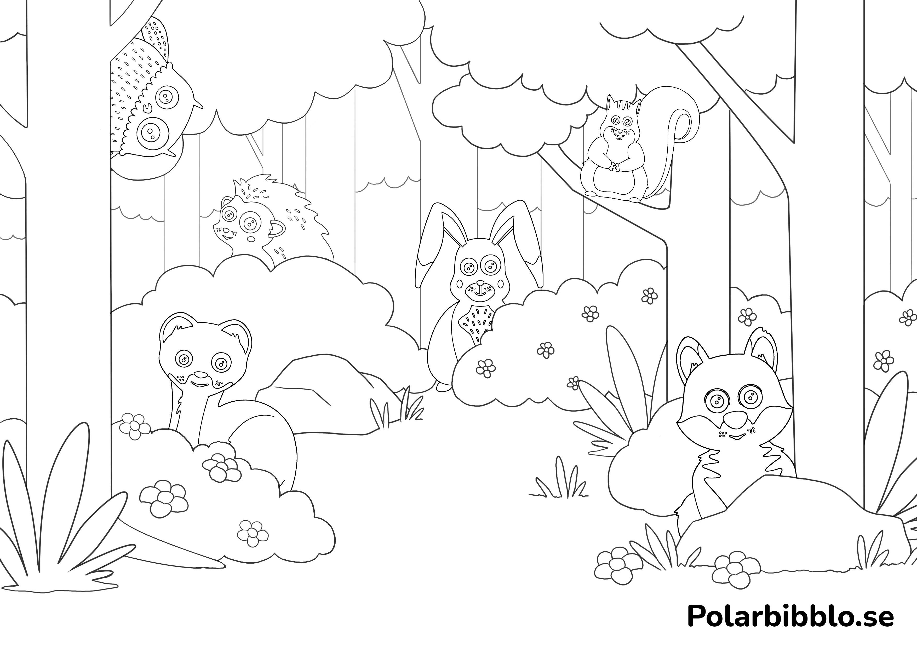 Polarbibblos språkdjur leker kurragömma i en skog.