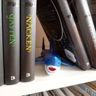 Hajen gömmer sig mellan ett par böcker.