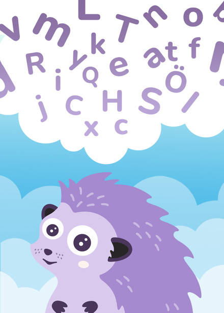 Igelkotten med ett moln av bokstäver.